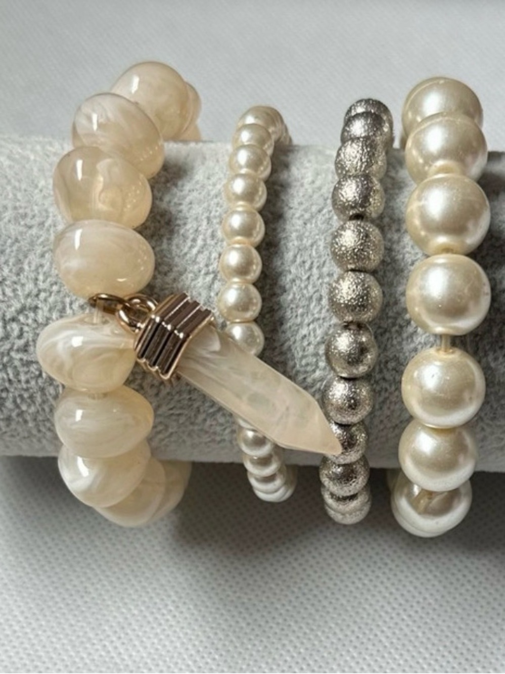 Moonstone glow Beige Pearl and Crystal Charm Stretch Bracelet Set